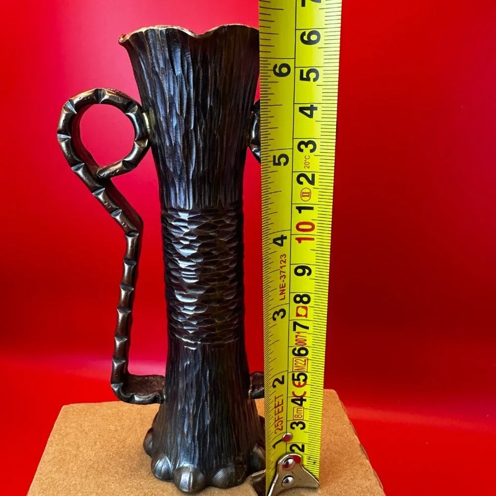 VINTAGE BRONZE VASE, TEXTURED SURFACE AND STYLIZED HANDLES - Picture 8 of 9